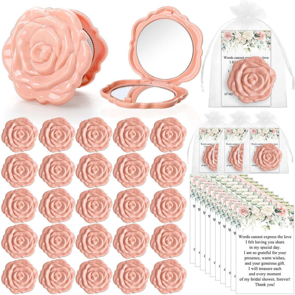 Foldtier Pink Champagne Bridal Shower Favors - 50 Compact Mirrors, Thank You Cards & Bags