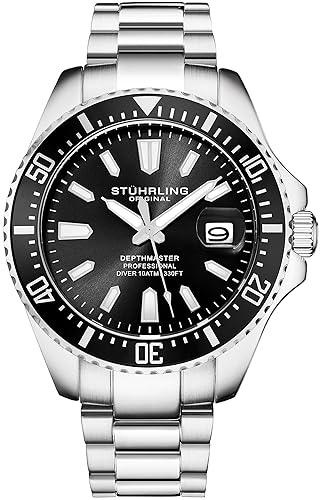 Stuhrling Original Men'S Dive Watch, Black Dial, 42Mm, Silver Stainless Steel, 330 Ft Water Resistant