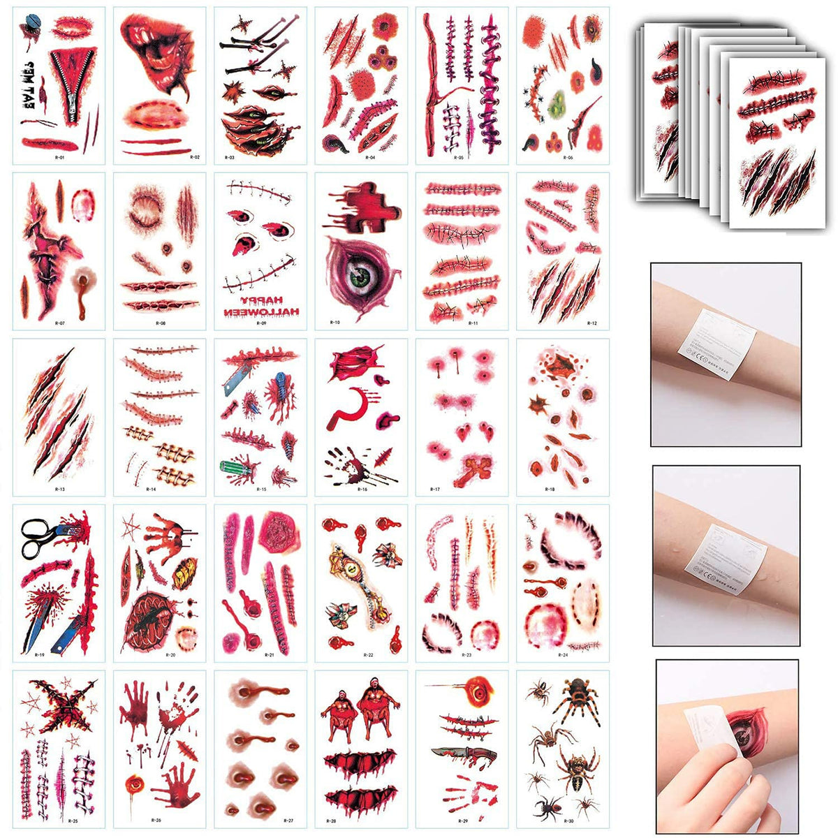 Tonbgsel Halloween Zombie Temporary Tattoo Stickers - 180 Pcs Bloody Wounds & Scars, 30 Sheets