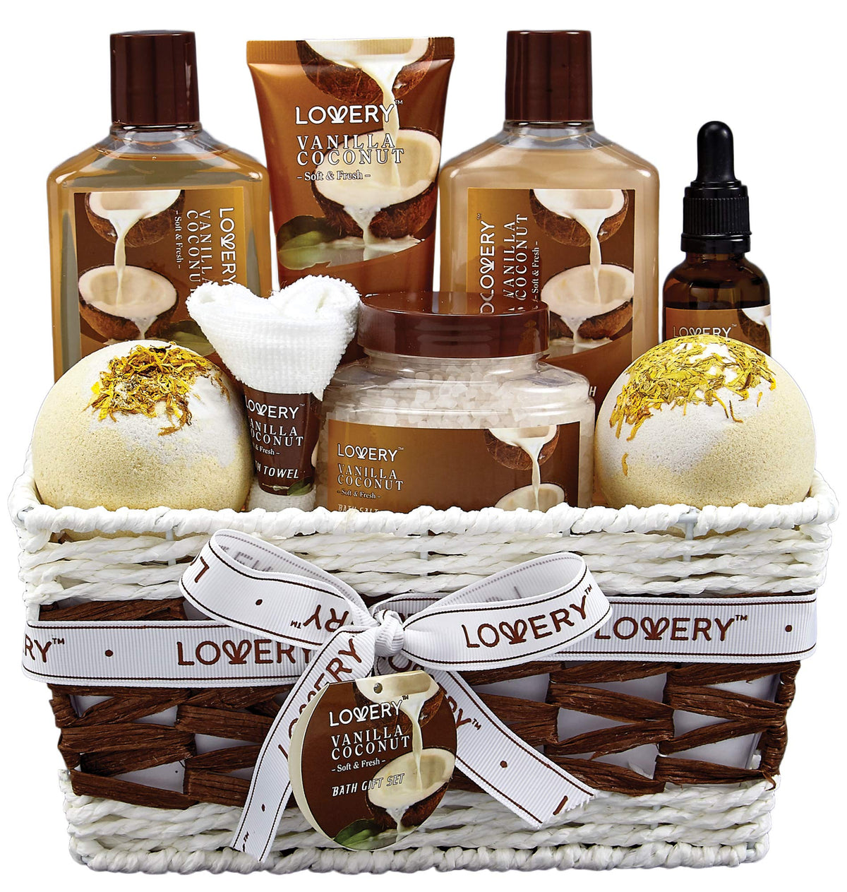 Lovery Bath And Body Gift Basket - 9 Piece Vanilla Coconut Spa Set For Men And Women