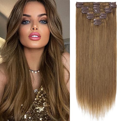 S-noilite 10&quot; Clip in Hair Extensions, 100% Remy Human Hair, Light Brown, 8 Pieces/18