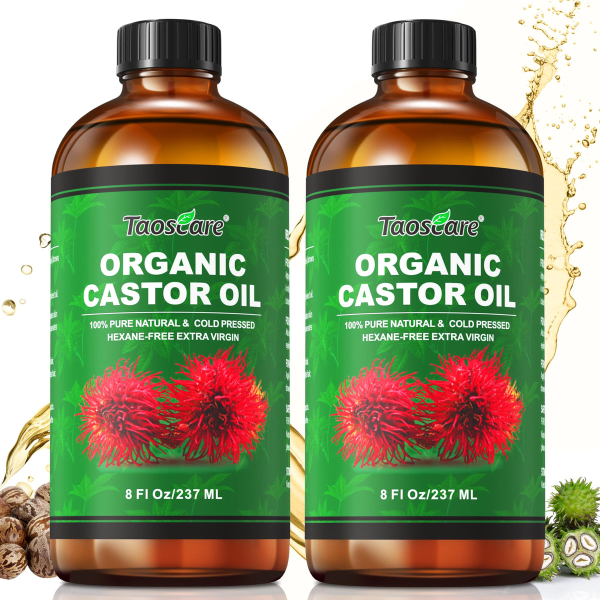 Taoscare 2 Pack Organic Castor Oil 8 Fl Oz - Cold Pressed, Hexane-Free For Hair & Skin Care