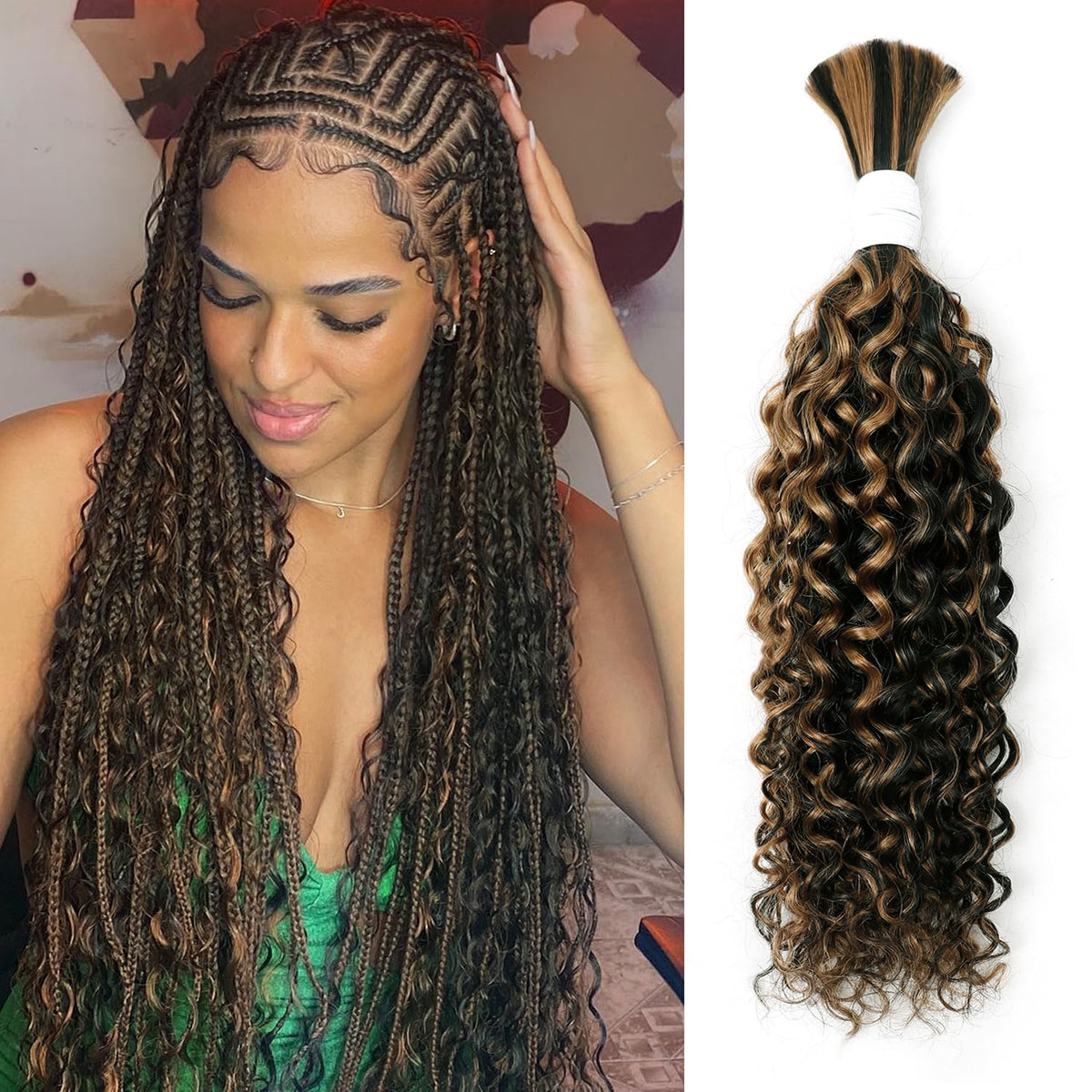 Liqusee 28&quot; Water Wave Curly 1B/30 Human Braiding Hair - 100G Bulk For Boho Braids