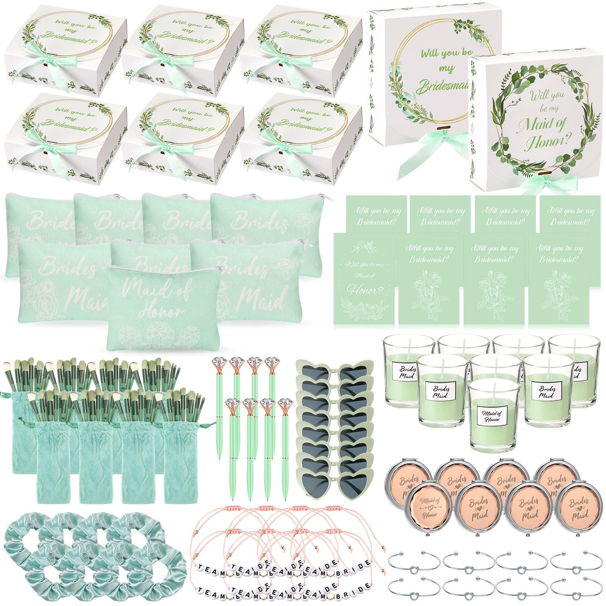 Nuogo 88 Pcs Bridesmaid Proposal Gifts - Makeup Bags, Bracelets, Scrunchies & Pens (Green)