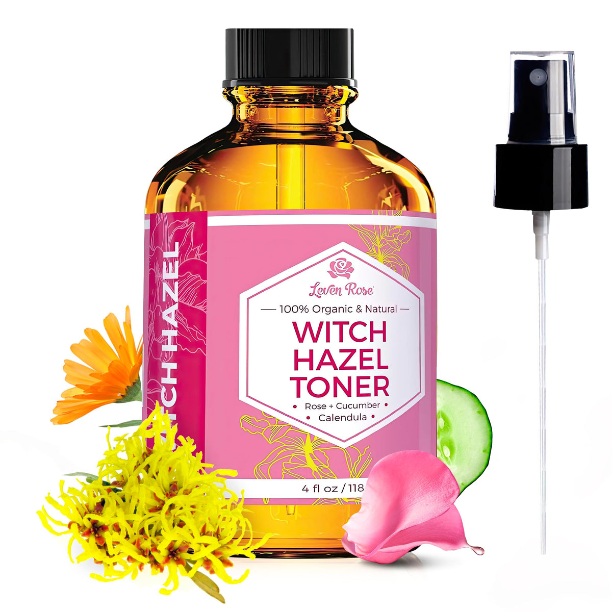 Witch Hazel Alcohol Free Toner By Leven Rose - 100% Pure Organic Rose Water, 4 Oz