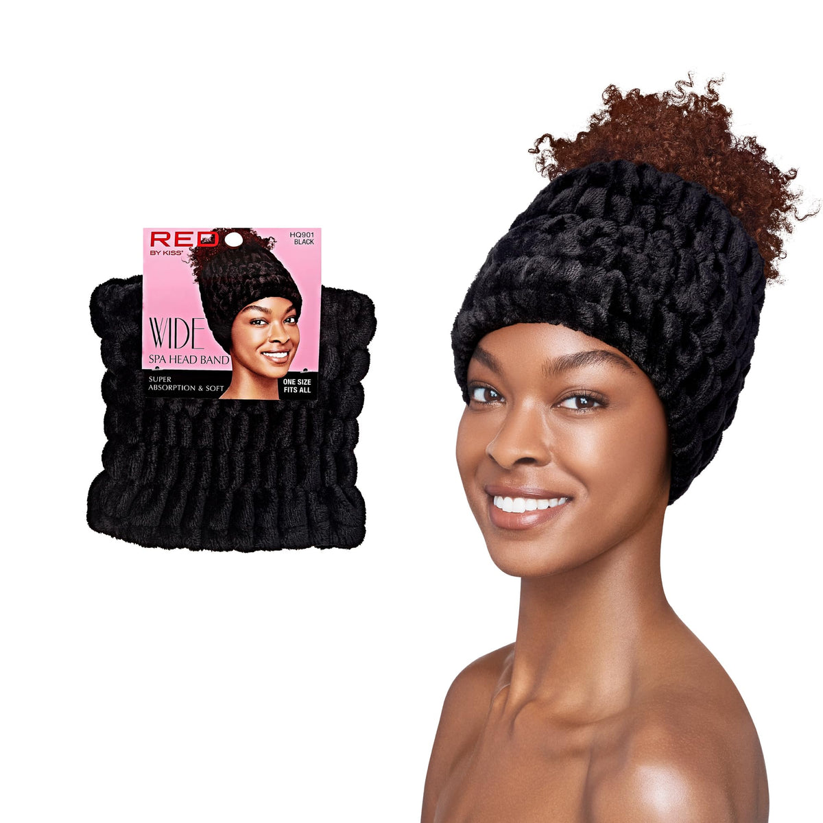 Red By Kiss Extra Wide Spa Headband - Super Absorbent Plush Fleece For Makeup & Skincare (Black)