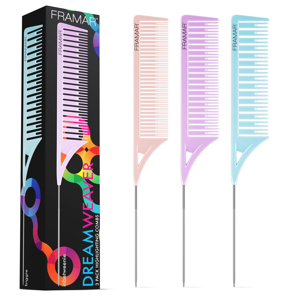 FRAMAR Dreamweaver Highlight Comb Set - Pastel Hair Dye & Balayage Combs with Metal Pick