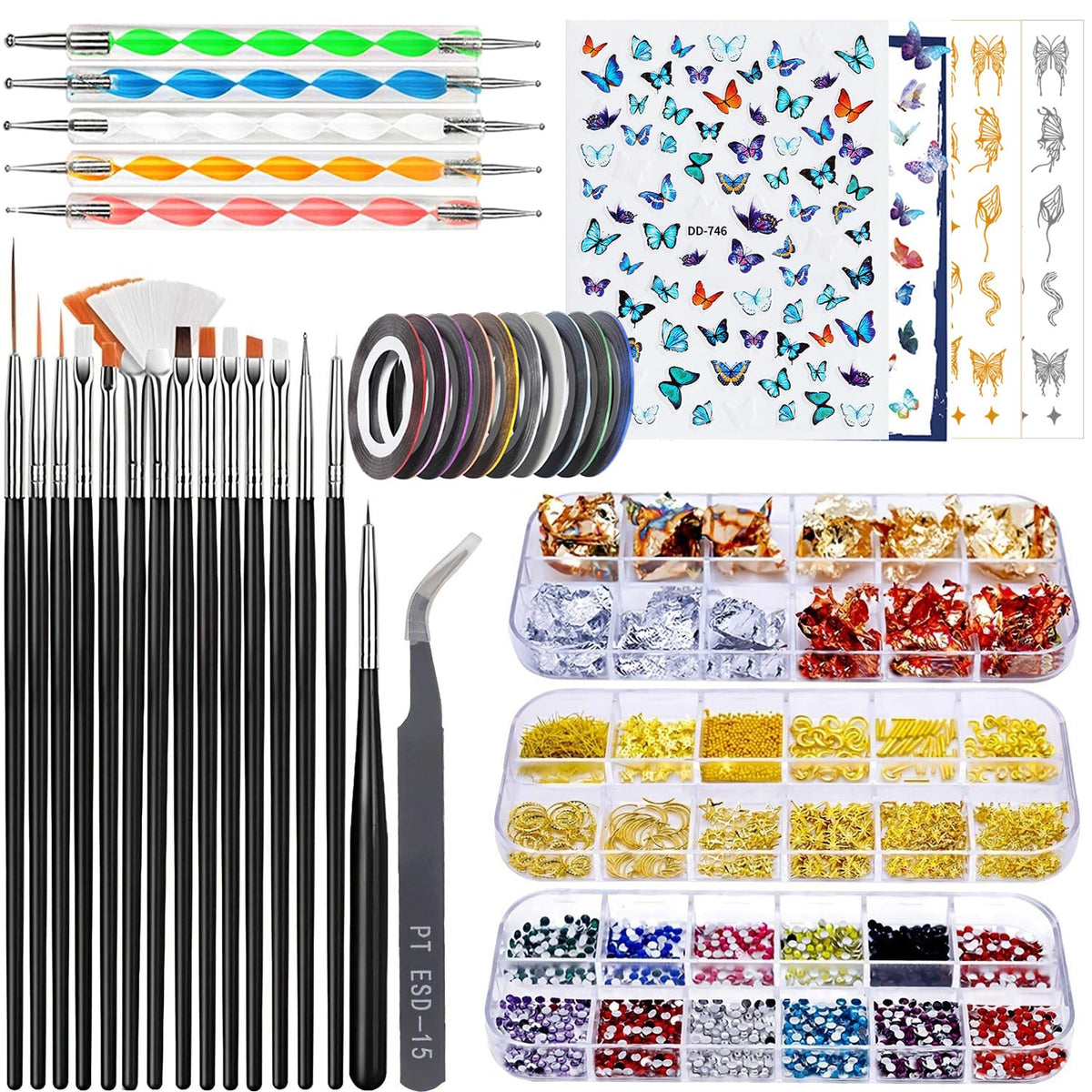 Joyjuly 28-Piece Nail Art Design Tools Set - 3D Decorations, Brushes, Rhinestones & Stickers