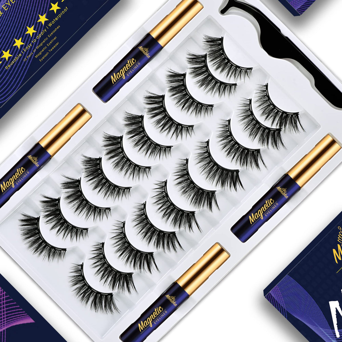 Menaka Magnetic Eyelashes Kit - 10 Pairs Wispy Lashes With Waterproof Liner, Reusable, Easy Apply