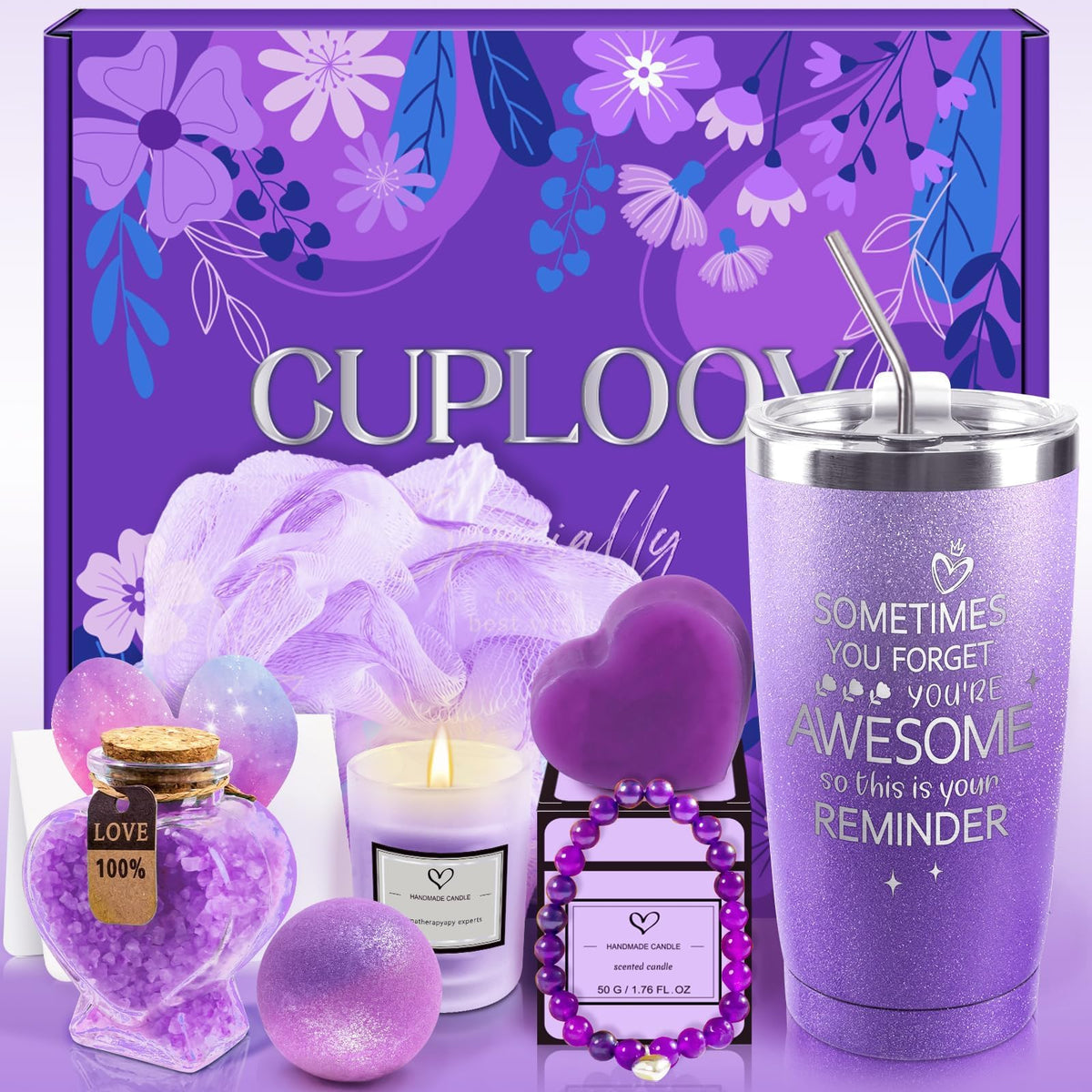 Cuploov Spa Gift Basket Set For Women - Purple Self Care Bath Set With Tumbler For Relaxation