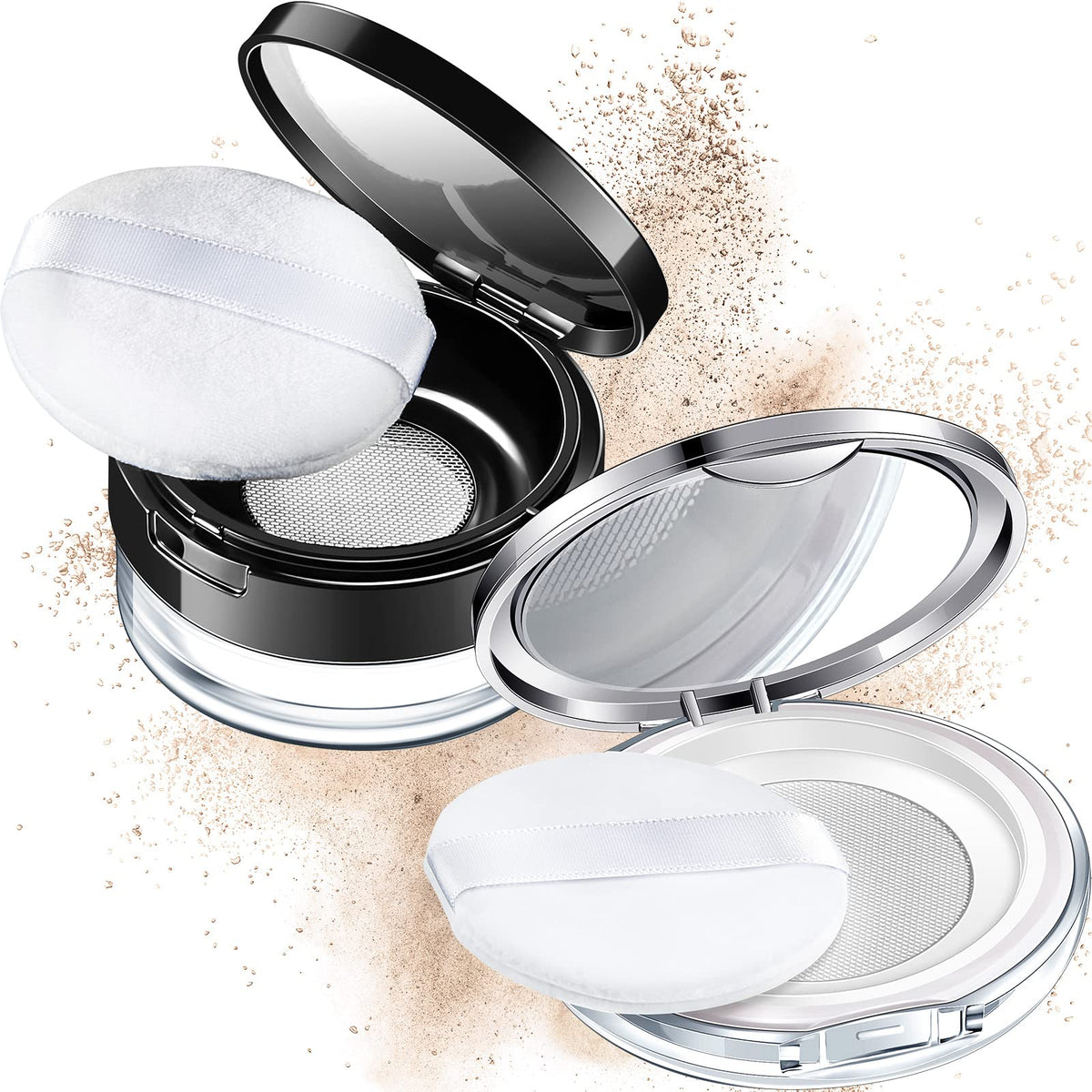 Cunhill 2 Pcs Reusable Loose Powder Container Set With Puff, Mirror & Sifter - Silver, Black