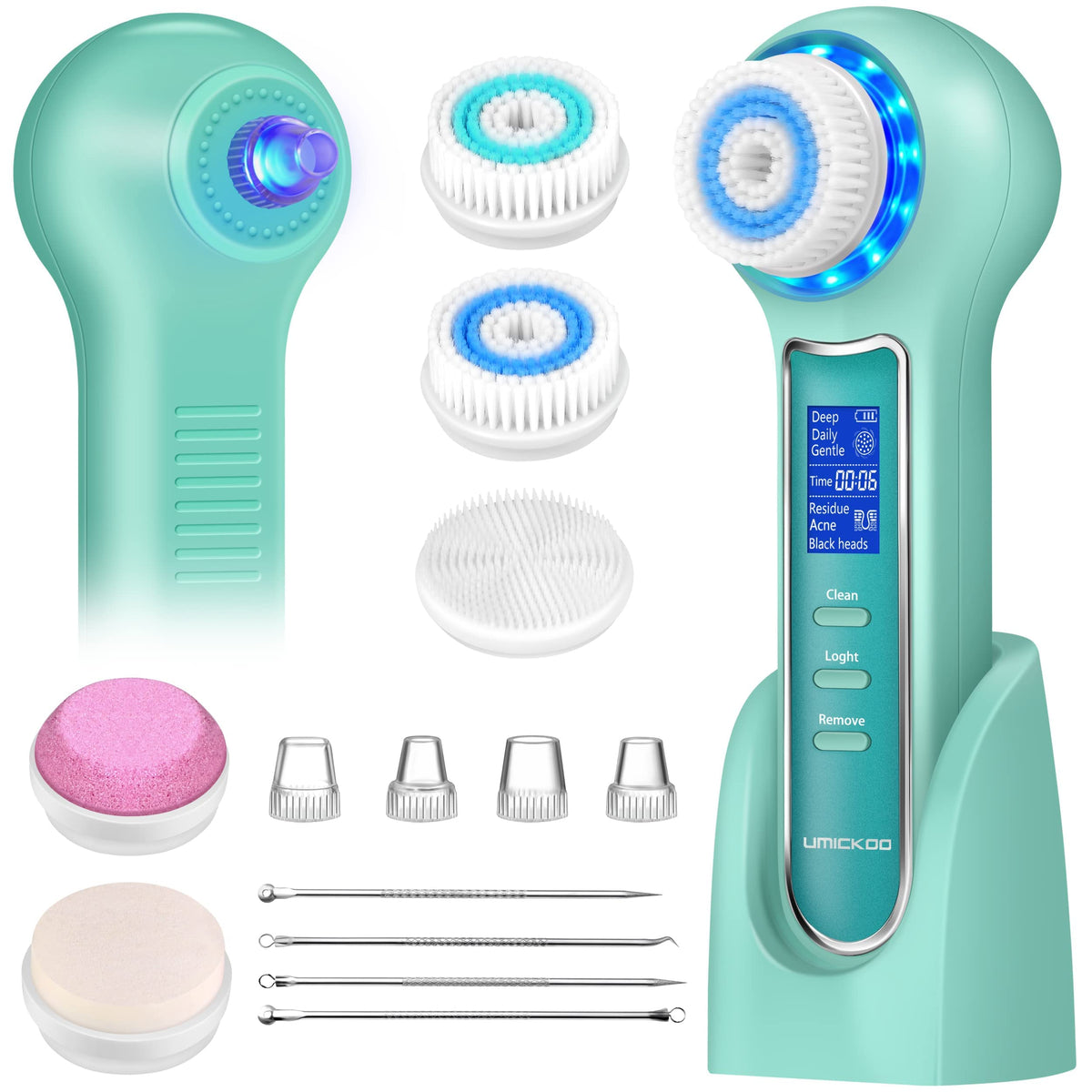 Umickoo Face Scrubber - Waterproof Exfoliator & Cleansing Brush With 5 Brush Heads, Mint Green