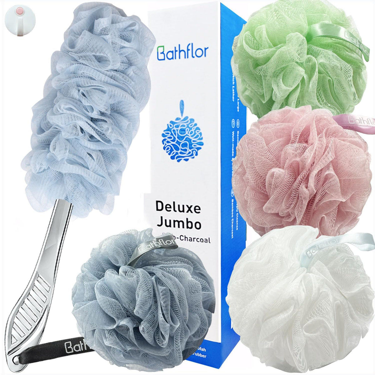 Bathflor Charcoal Shower Loofah Sponge Set - Exfoliating Body Scrubber With Long Handle & 4 Poufs