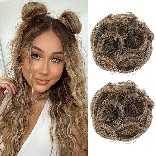 REECHO Mini Claw Clips - 2 Pack Hair Bun Extensions, Light Ash Brown Wavy Updo Accessories