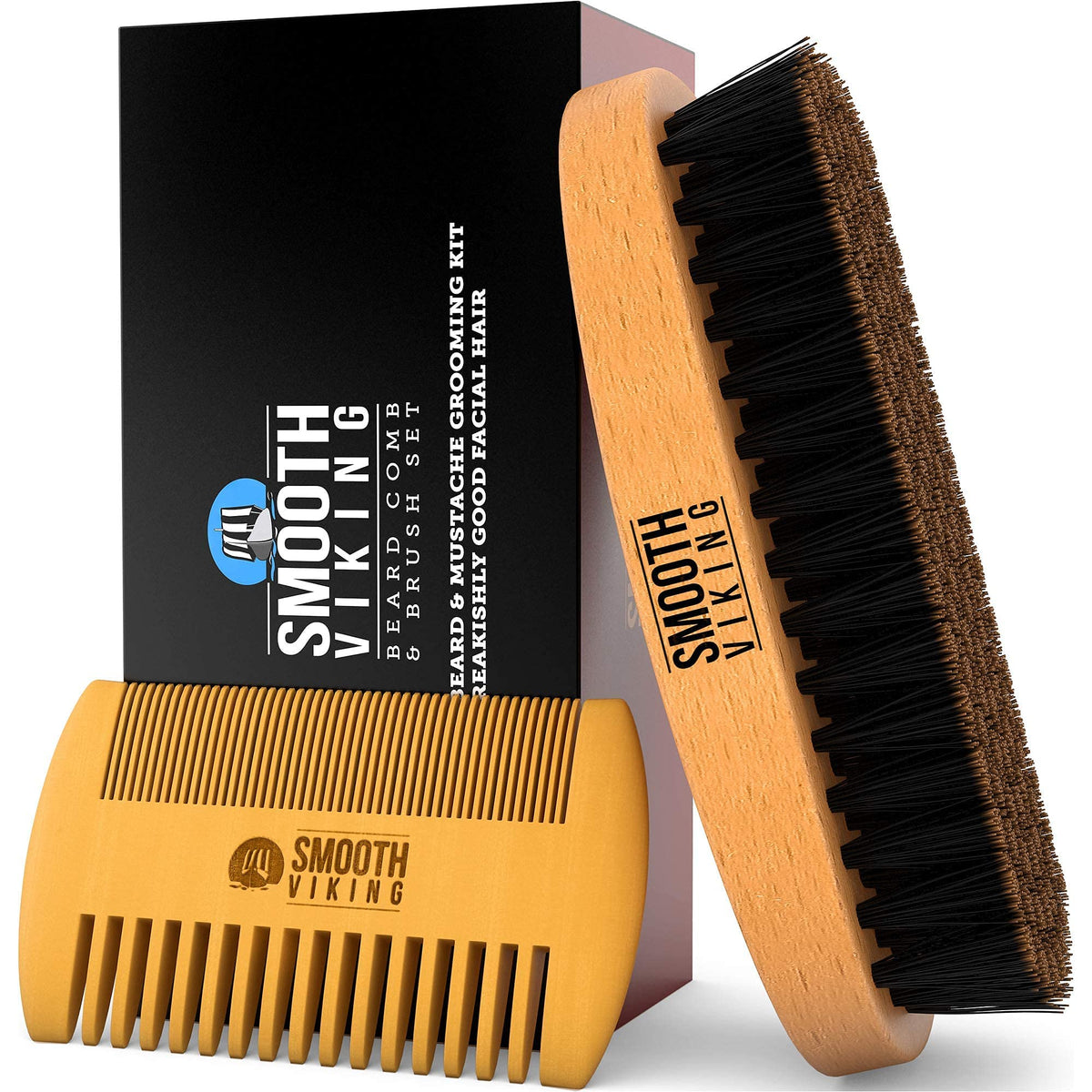 Smooth Viking Beard Brush Gift Set - Natural Boar Bristle Hair & Mustache Brush for Men