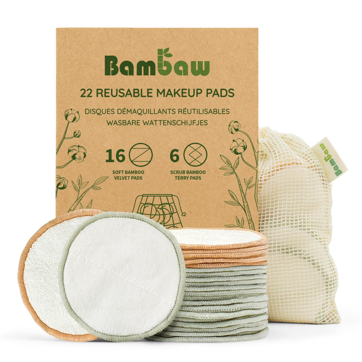 Bambaw Reusable Makeup Remover Pads - 22 Cotton Rounds & Laundry Bag, Eco-Friendly Cotton Pads