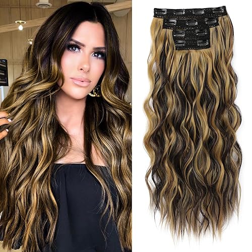 REECHO 24&quot; Clip in Hair Extensions, Dark Brown with Blonde Highlights, Human Hair Beach Waves