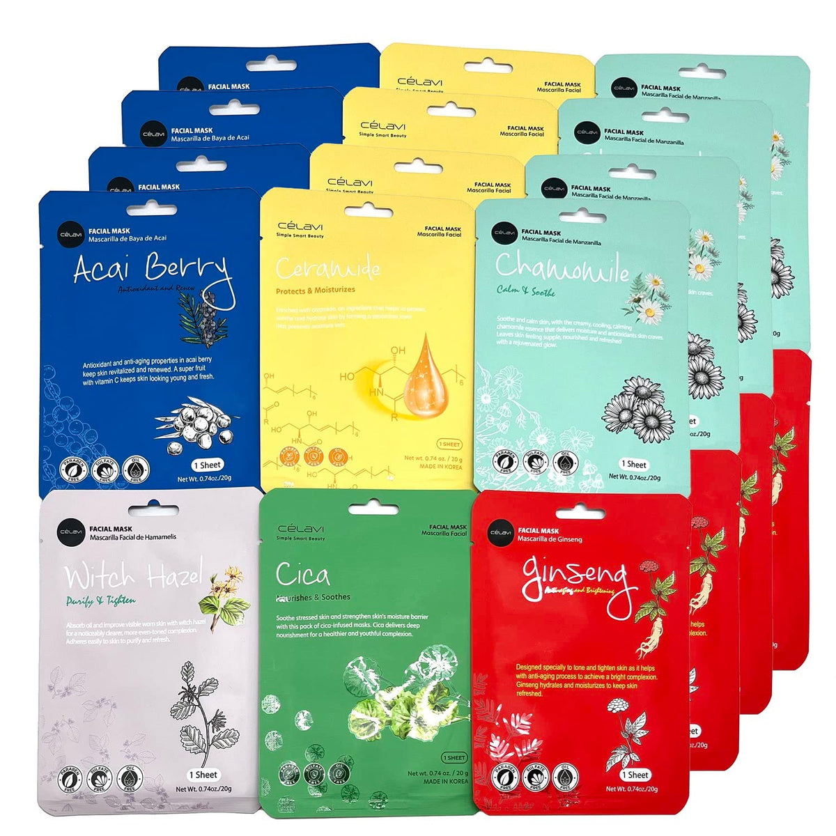 Celavi K-Beauty Essence Facial Mask Set - 24 Count Moisturizing Korea Skin Care