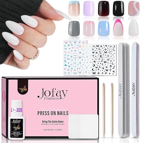 Jofay Fashion 10 Packs Short Square Press on Nails, Reusable Acrylic Fake Nails with Glue