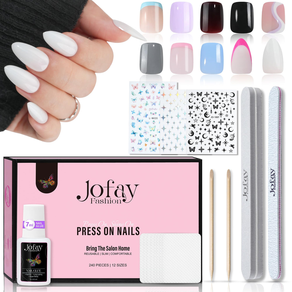 Jofay Fashion 10 Packs Black White Press On Nails - Short Full Cover Acrylic Nail Kit