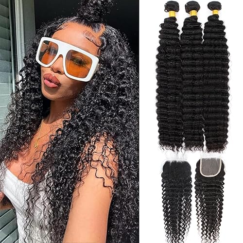 FASHION VILA Deep Wave Bundles with 4x4 Closure, 22 24 26&quot;&quot; Human Hair Weave for Black