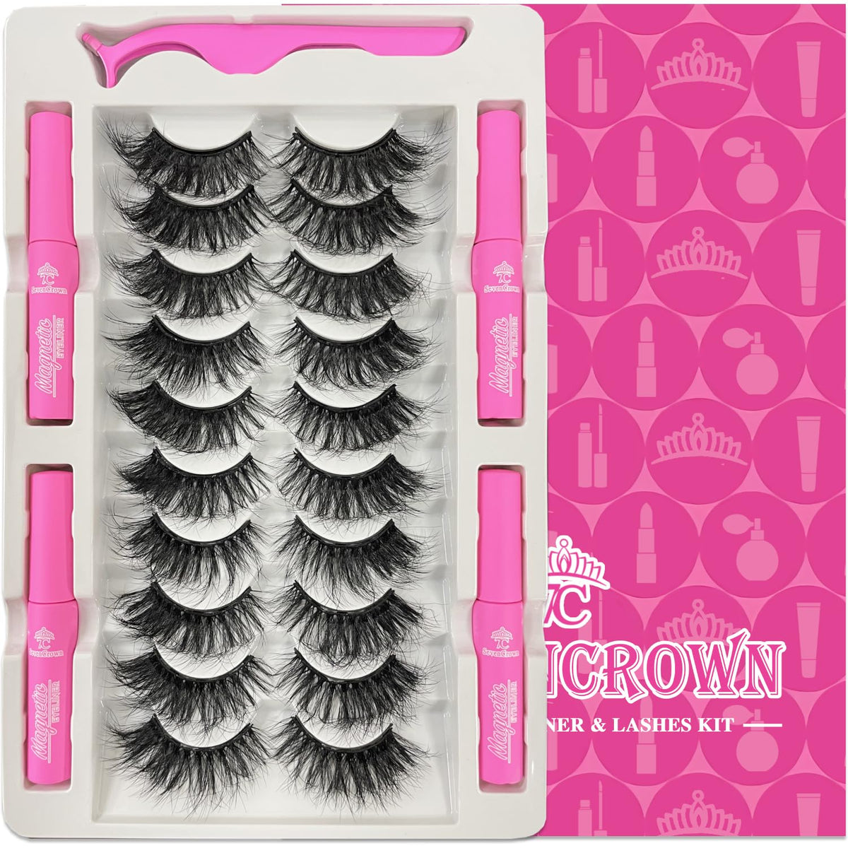 7C Sevencrown Magnetic Eyelashes Kit, Fluffy Mink Cat-Eye Look, 10 Pairs, Cruelty