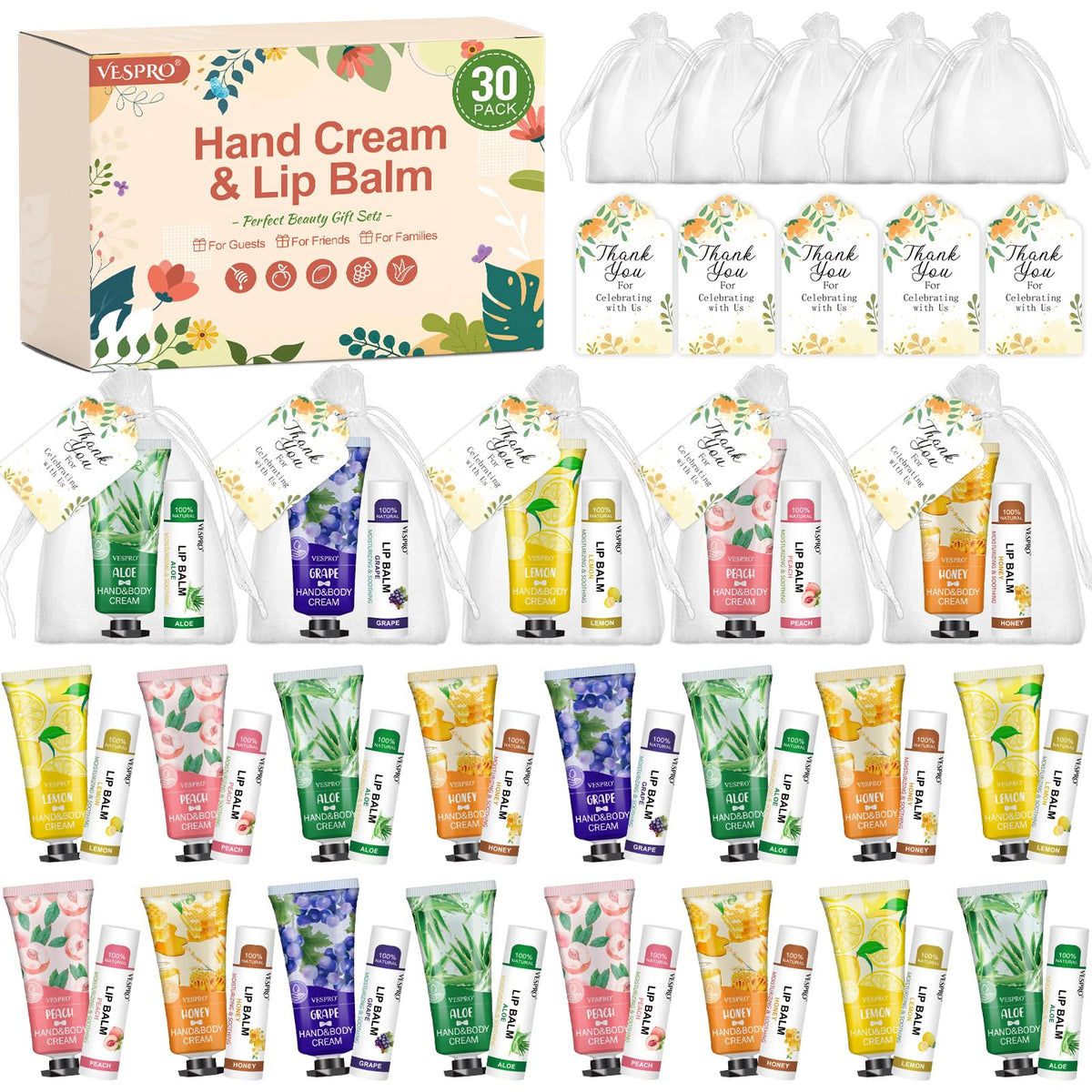 Vespro 30 Sets Hand Lotion & Lip Balm Gifts - Ideal For Easter, Bridal Showers, Thank You Gifts