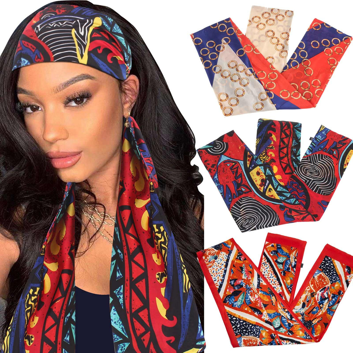 XTREND 3Pcs Satin Edge Laying Scarf Set - Red & Blue Headband for Wigs, Yoga, Makeup