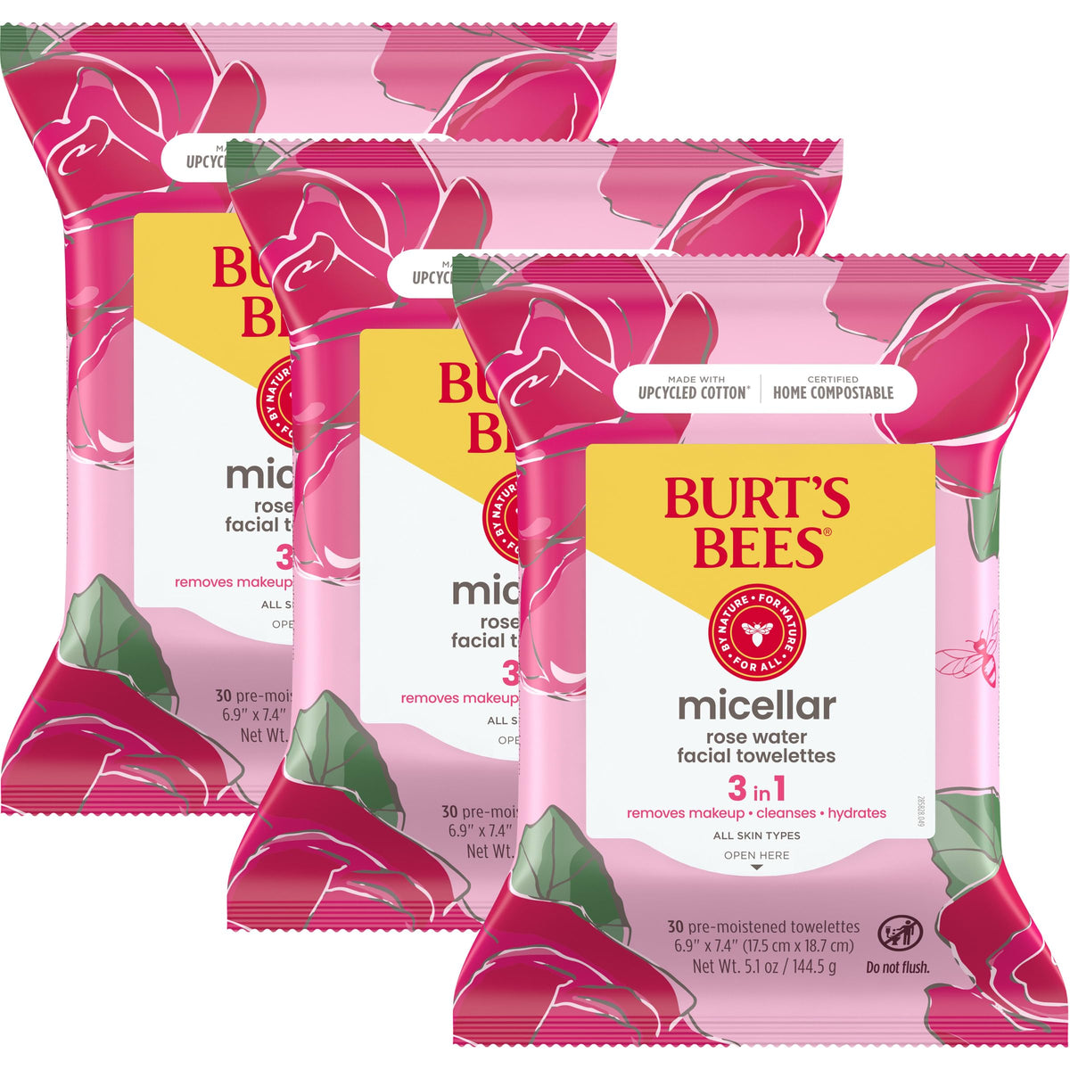 Burt'S Bees Rose Water Face Wipes, Hydrating Makeup Remover, 30 Ct (3-Pack) - All Skin Types