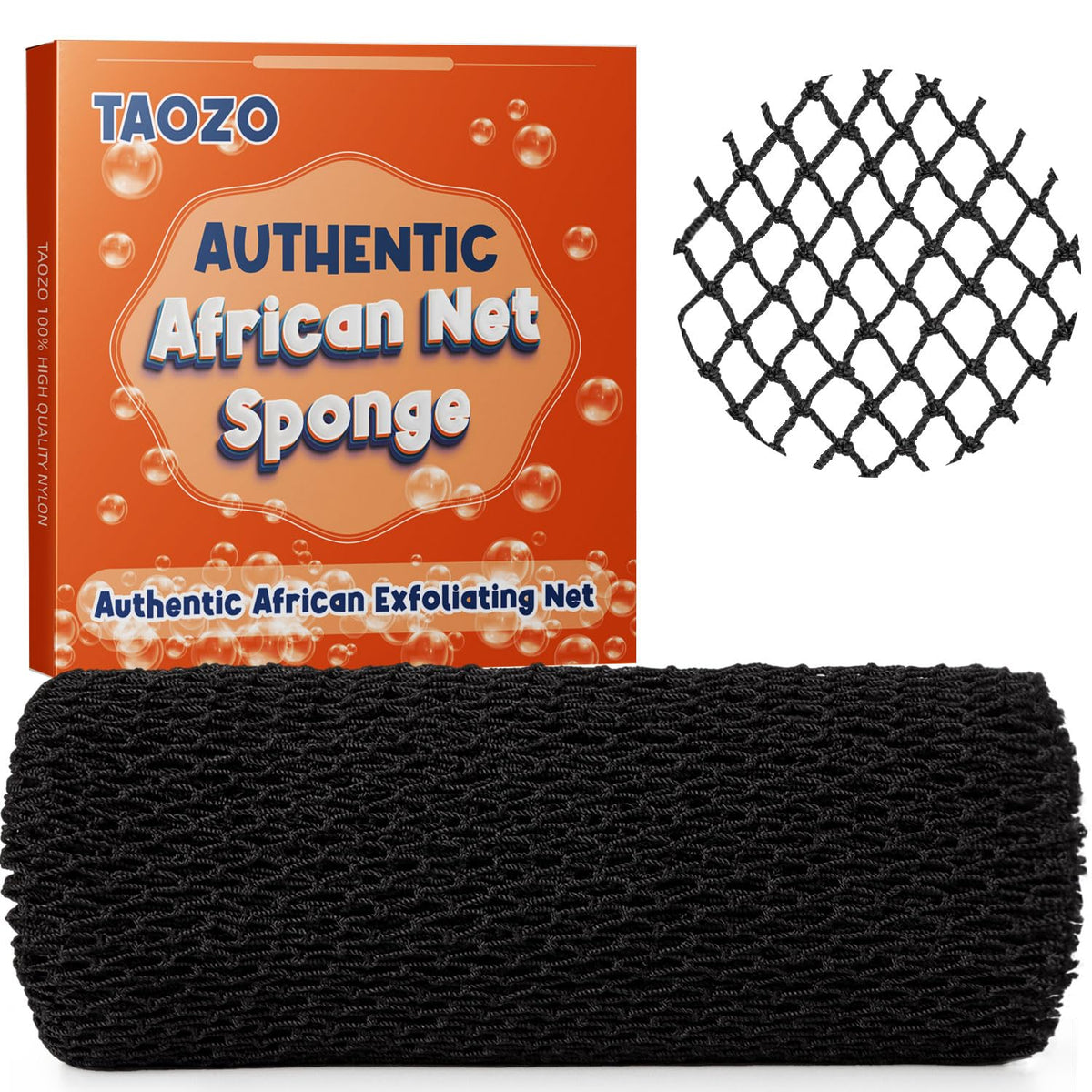 Taozo African Net Sponge - Authentic Exfoliating Bath Scrubber, Black, 1 Count, Nylon