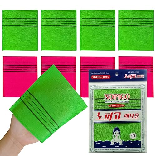 Nopigo Exfoliating Bath Washcloth Mitts - Korean Body Scrubber, 2 Count (Green4 Red4)