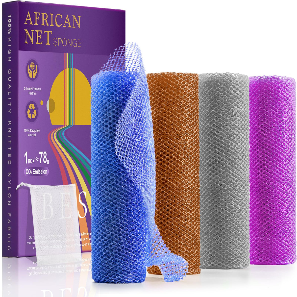 Riuota African Bath Sponge Set - 4 Pack, Exfoliating Nylon Net, Luxurious Cleansing, Multi-Color