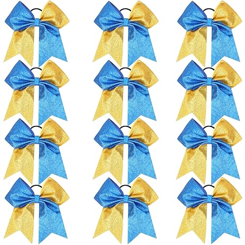 OAOLEER Glitter Hair Bows for Girls - Blue & Gold Ponytail Holders (12PCS, 7&quot;)