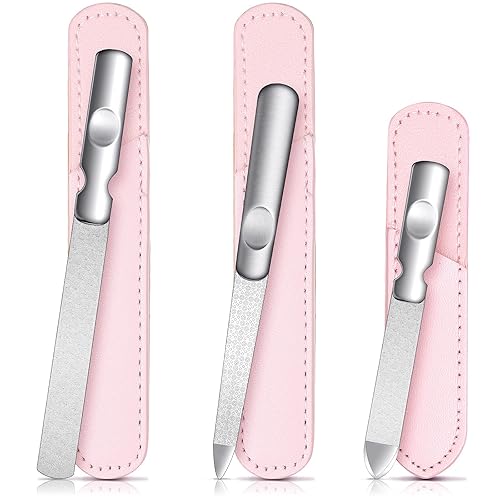 Mudder 3 Pcs Stainless Steel Nail Files Kit With Leather Case - Double Sided, Anti-Slip Handle, Pink