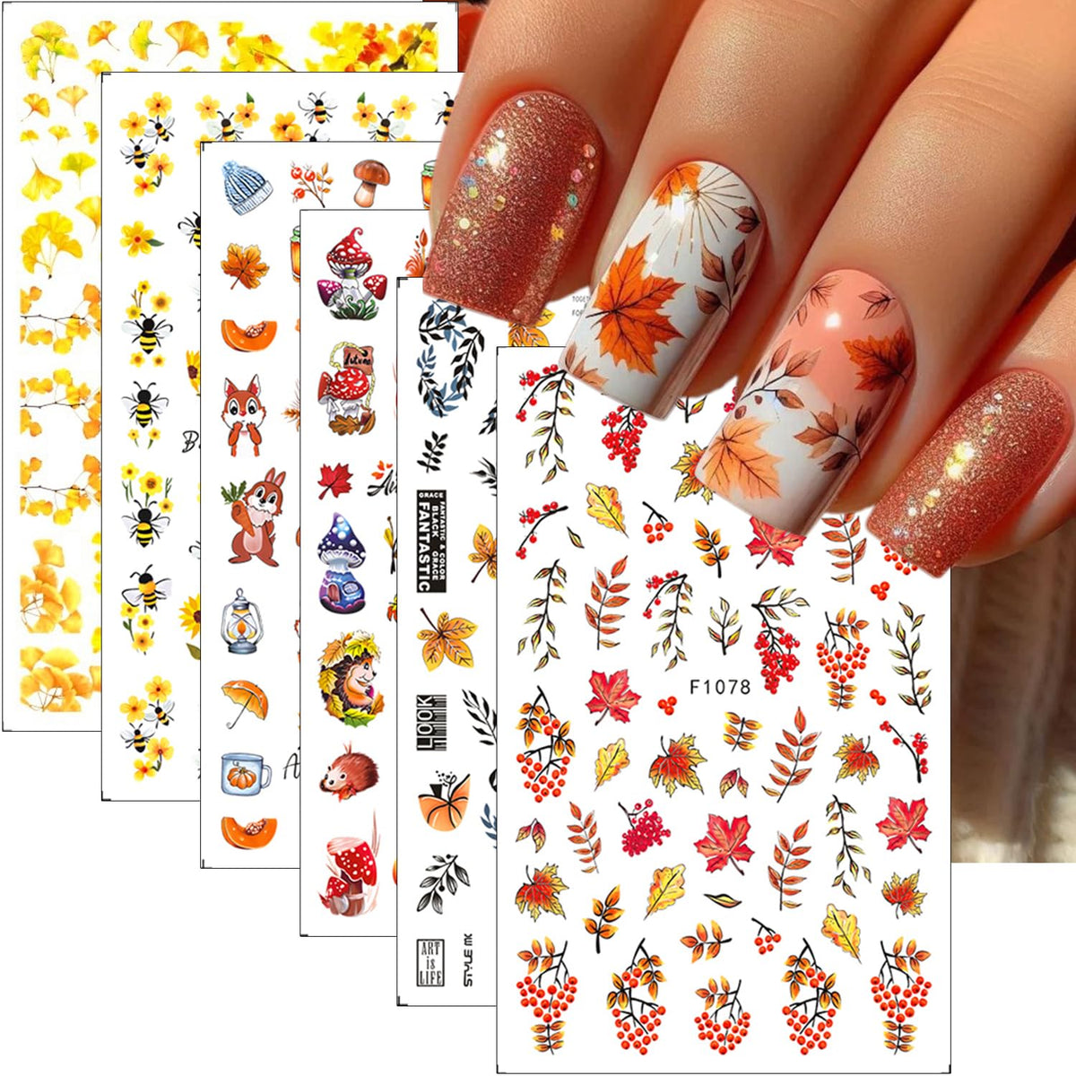 Sutaozhi Fall Nail Stickers - 3D Maple Leaf & Autumn Designs, Self-Adhesive Nail Art, 6 Sheets