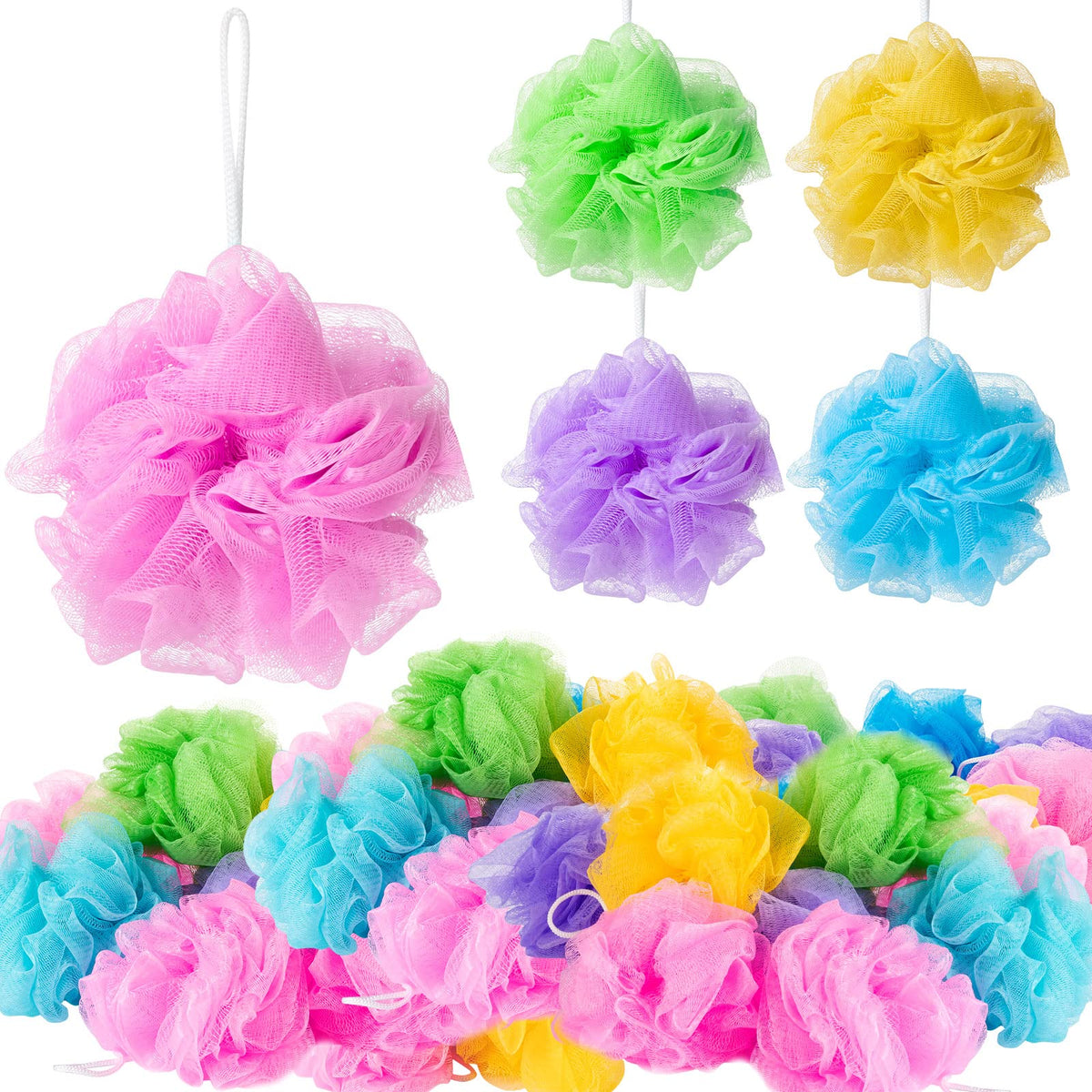 Chengu 80 Pcs Loofah Bath Sponges - Exfoliating Mesh Pouf In Mixed Colors For Men, Women,