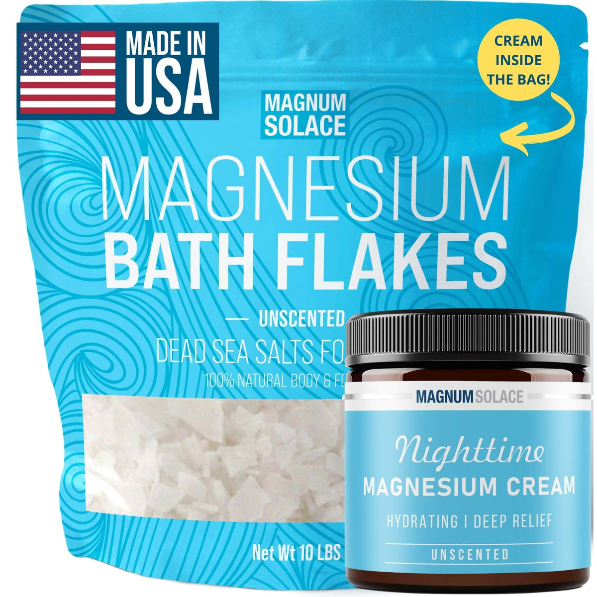 Magnum Solace Magnesium Flakes For Bath + Nighttime Cream, 10 Lbs, Relaxation & Relief