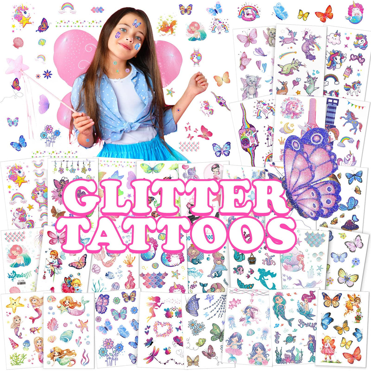 Sinmoe Glow In The Dark Temporary Tattoos - 30 Sheets, 400 Assorted Glitter Designs For Kids