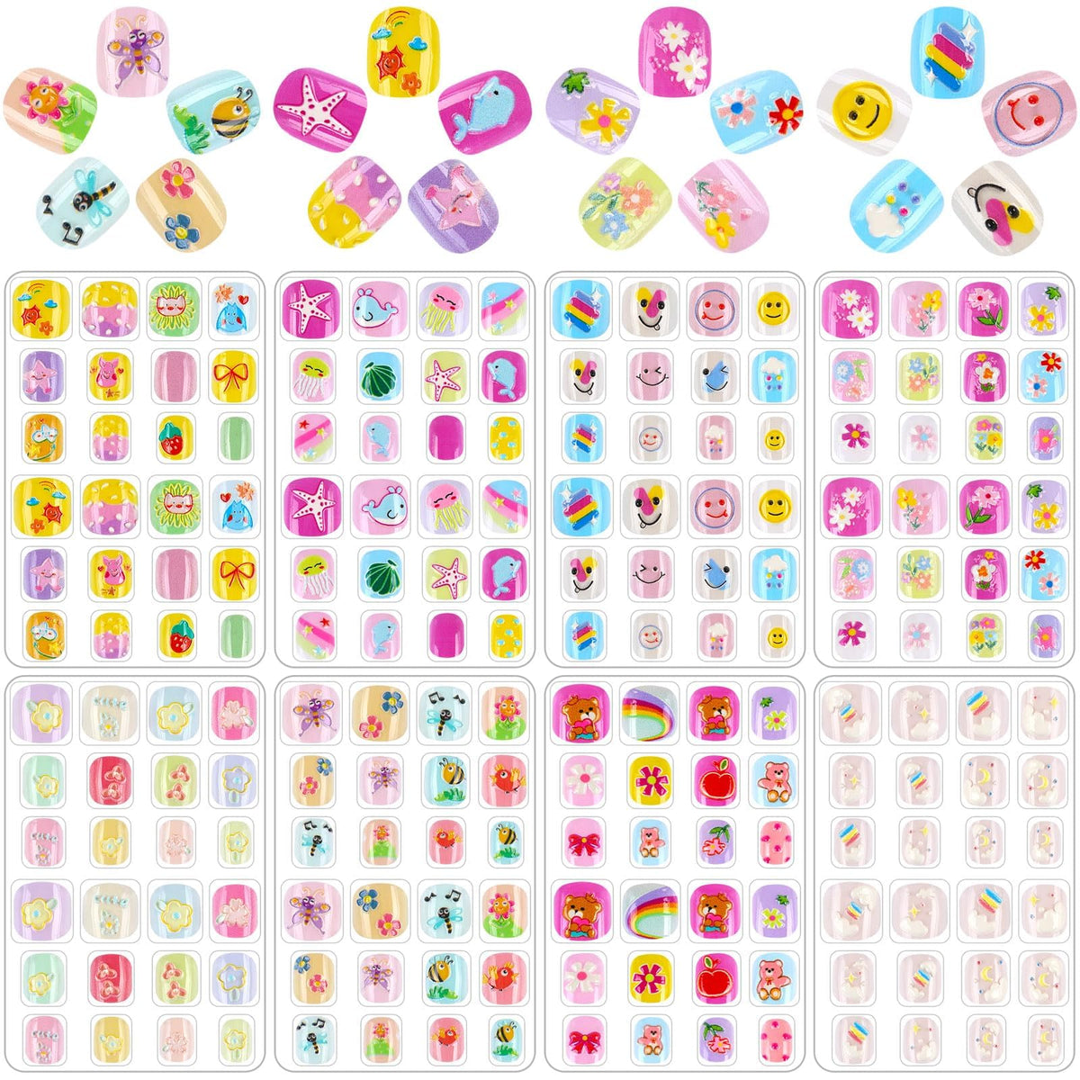 JANYUN 192Pcs Kids Fake Nails, Multicolor Pre-glue False Nail Tips for Lovely Nail Art