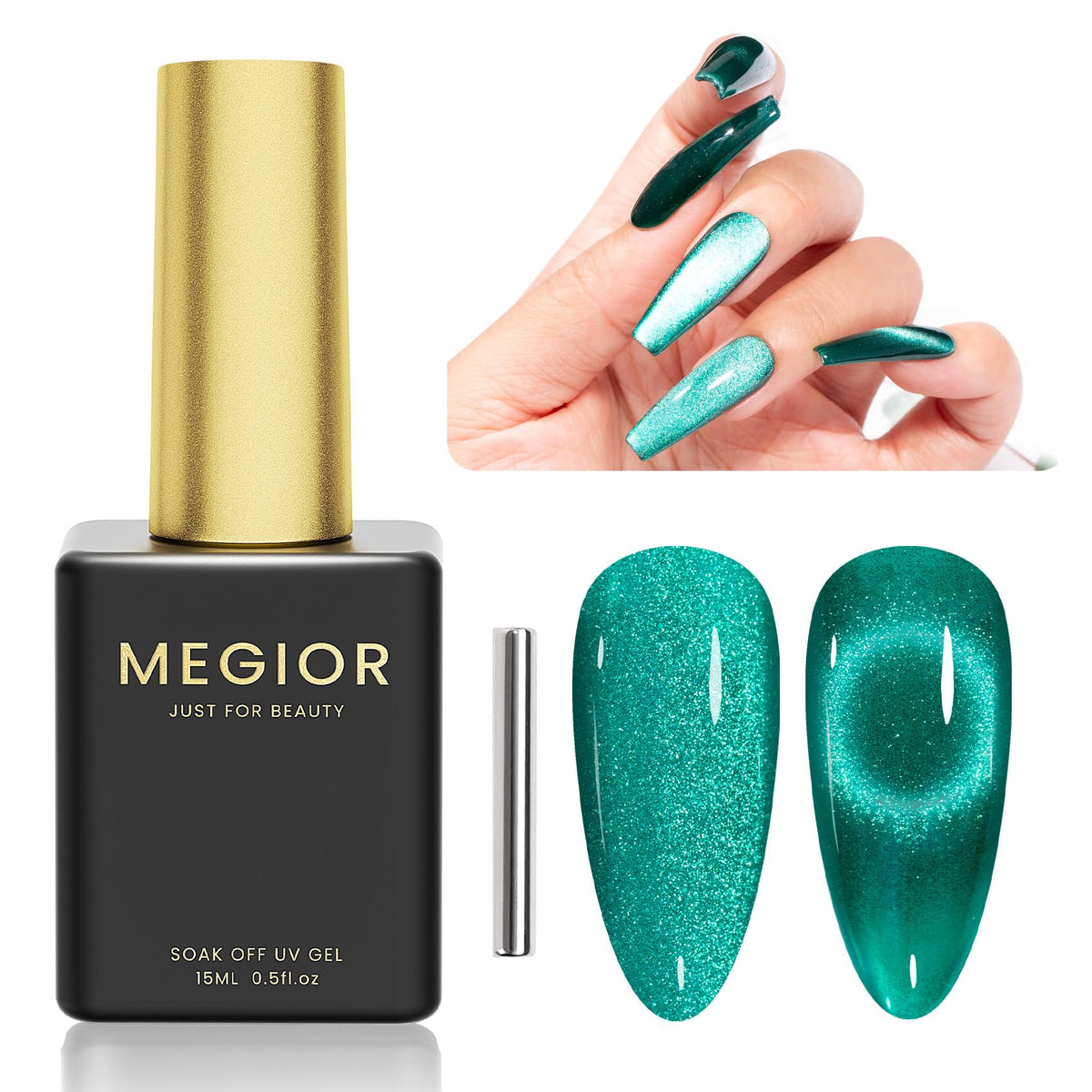 Megior Cat Eye Green Gel Nail Polish 15Ml - Holographic Magnetic Soak Off For Nail Art