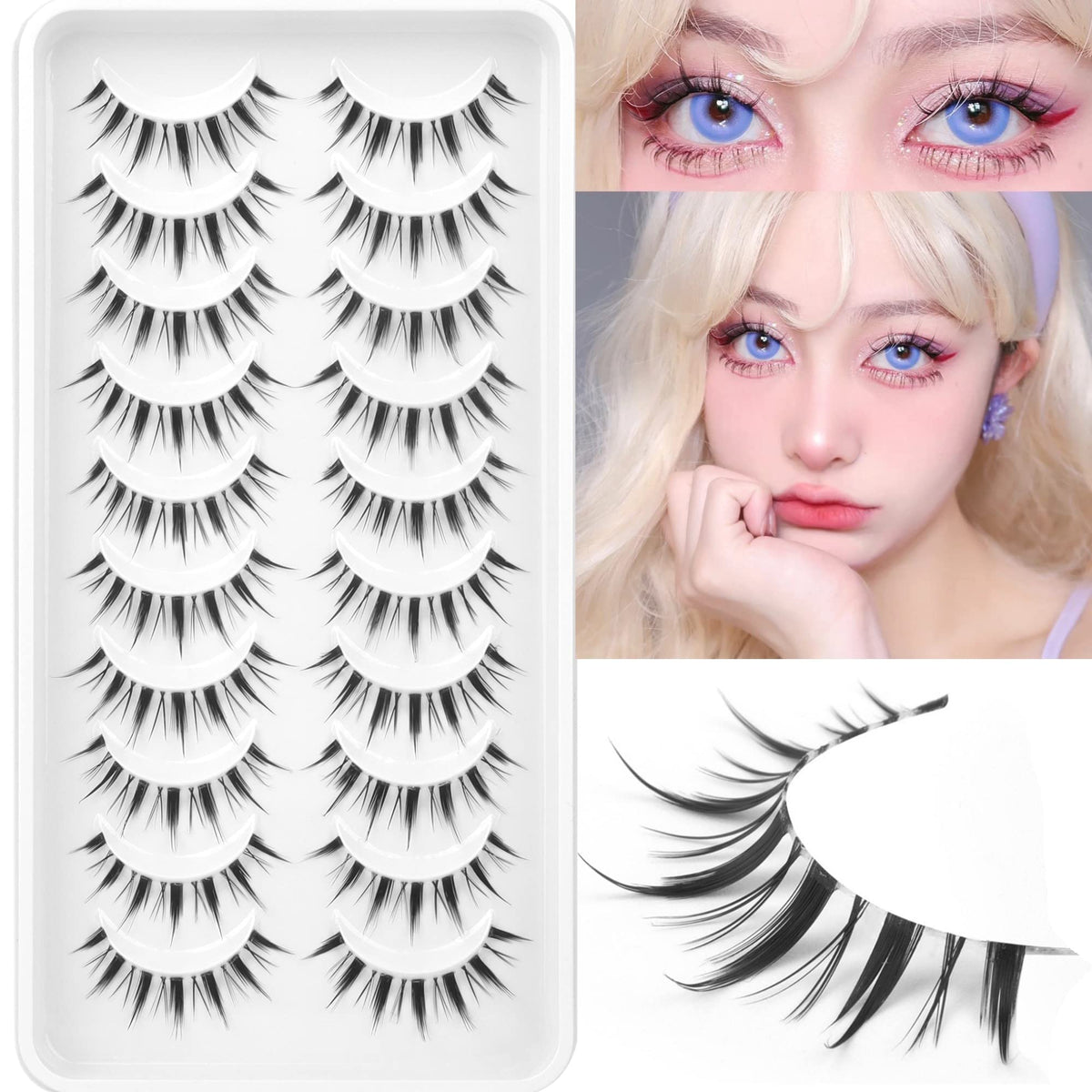 Geeneiya Manga Lashes - Natural Look Anime False Eyelashes, 10 Pairs, Mink Fur, Wispy Clusters