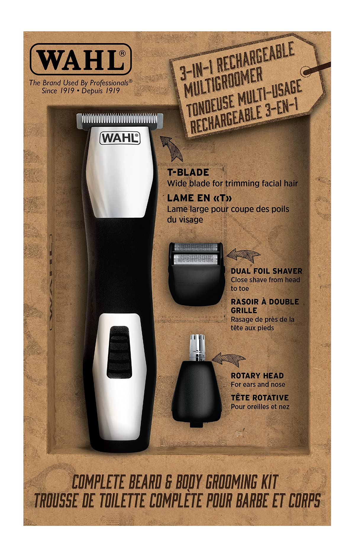 Wahl 3-In-1 Rechargeable Beard & Body Grooming Kit With T-Blade Trimming Guides, Silver/Black