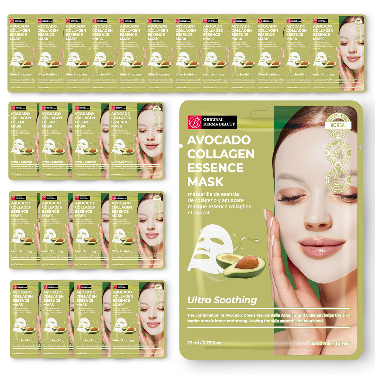 Innerest Collagen Face Masks 24 Pk - Ultra Soothing Avocado Sheet Masks For Skin Care