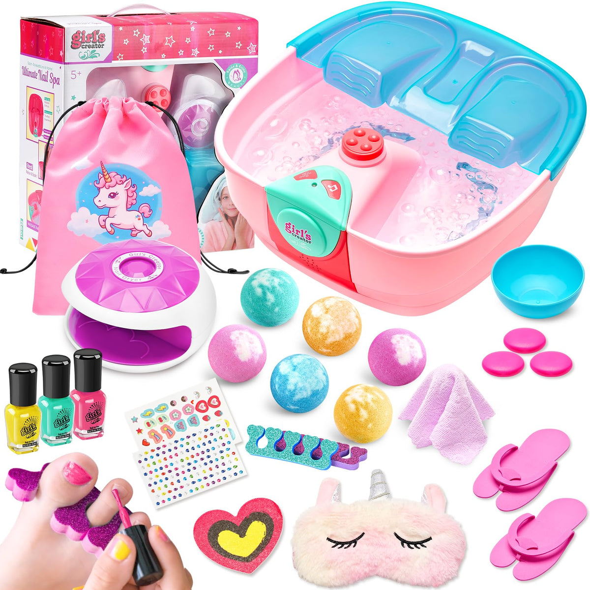 Holycco Kids Spa Day Kit - Foot Spa With Nail Dryer, Bath Bombs & Nail Polish, Pink 6-12 Gifts