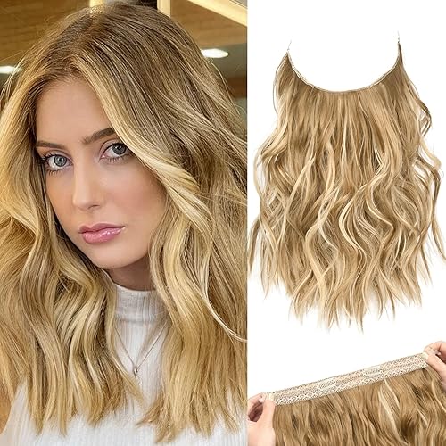 REECHO Invisible Wire Hair Extensions, 12&quot; Medium Blonde, Wavy, Adjustable Clips