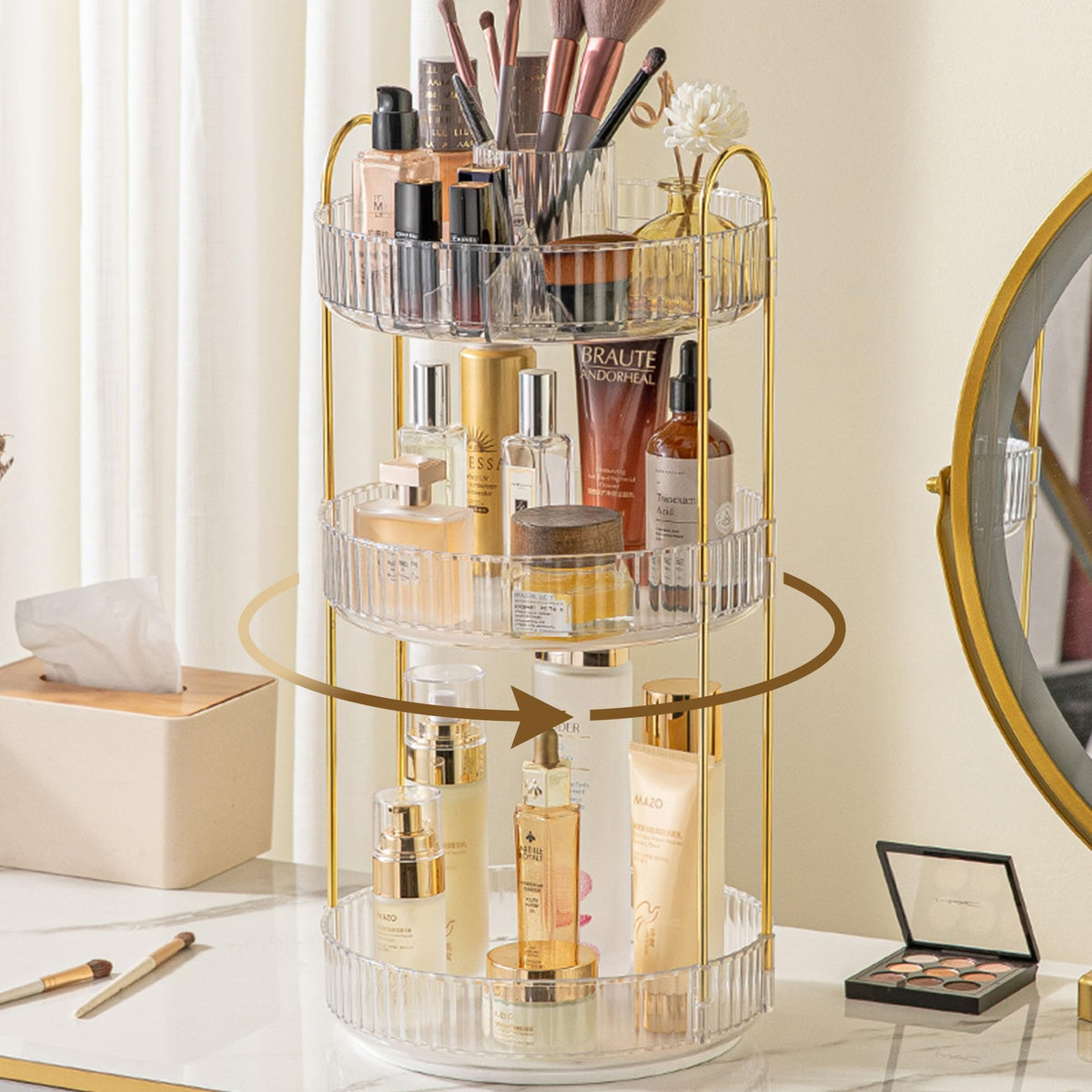 Aveniee 360° Rotating Makeup Organizer - 3 Tier Clear Skincare Storage For Vanity & Bathroom