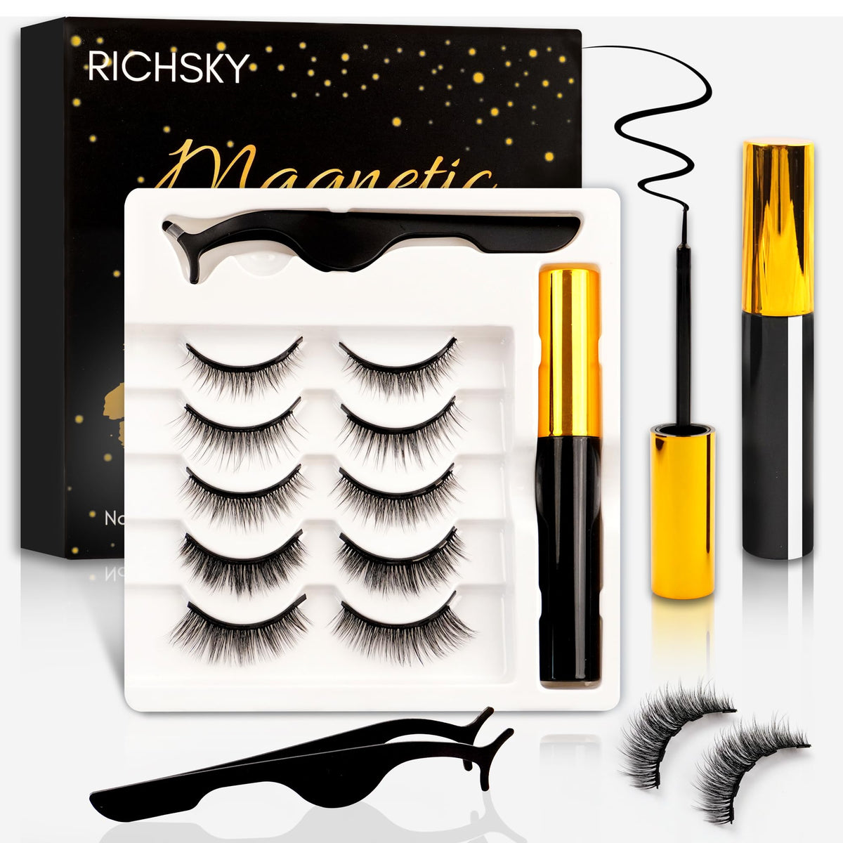 Richsky 3D Magnetic Eyelashes Set With Hypoallergenic Eyeliner - Waterproof, Reusable, 5 Pairs