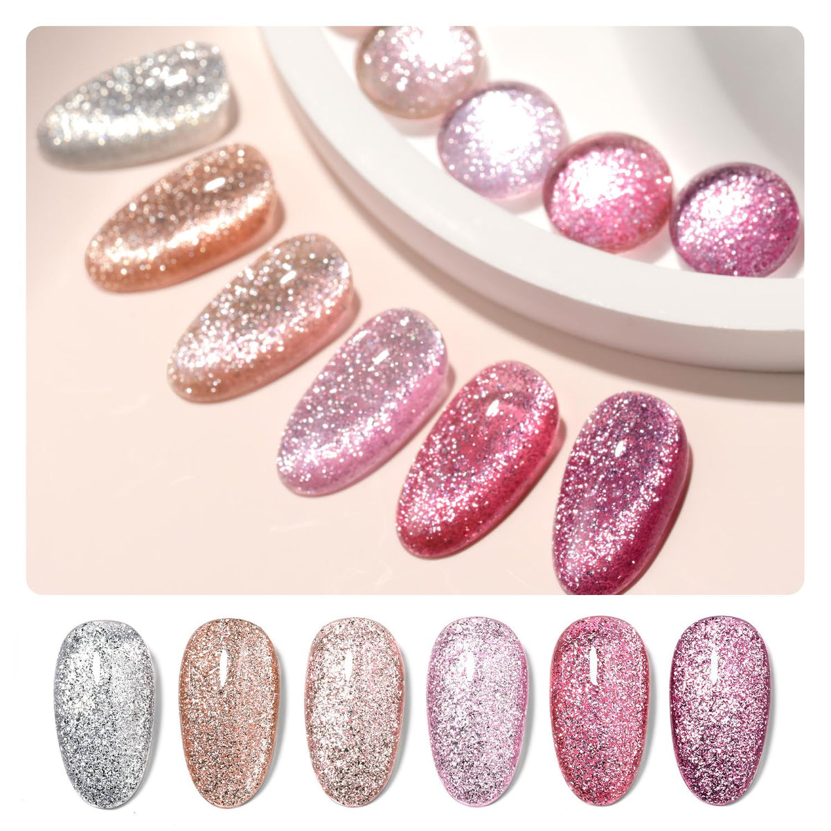 Gaoy Chrome Glitter Cat Eye Gel Polish Set - 6 Colors, Uv Led Soak Off Nail Varnish