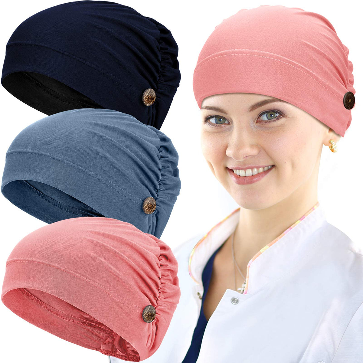 Geyoga 3 Pack Bouffant Caps With Buttons - Unisex Stretchy Headband Turbans, Navy Blue, Red,