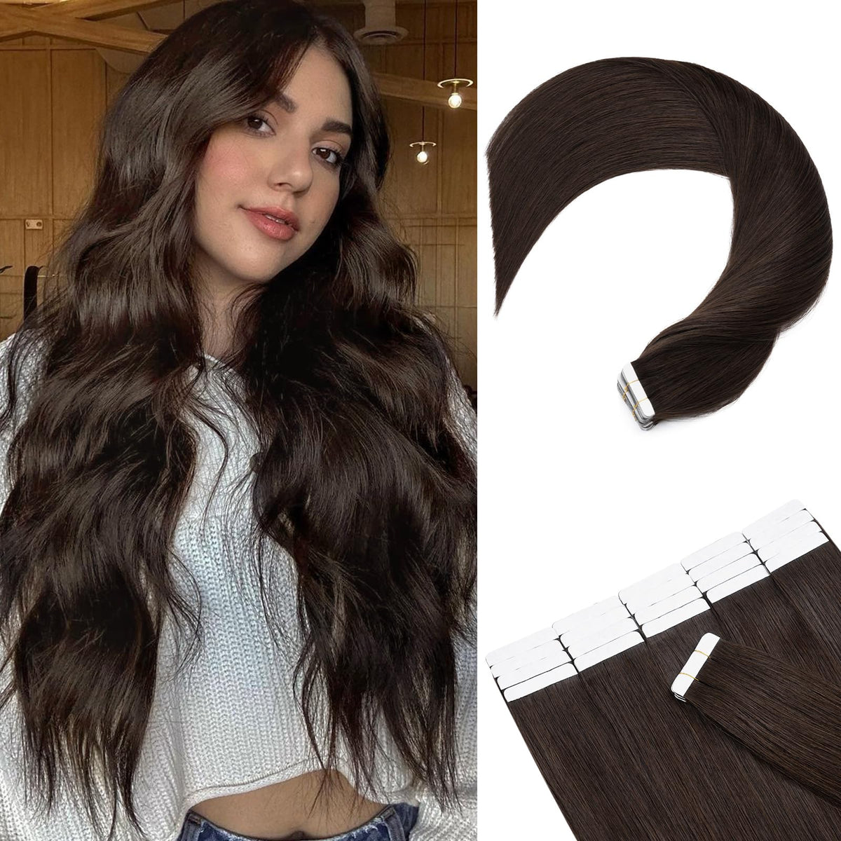 Rich Choices 22&quot; Tape In Hair Extensions, 50G Dark Brown Remy Human Hair, Seamless Straight